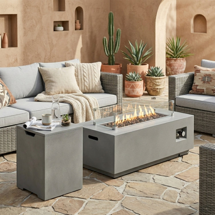 Old Sku: W853P193937 42" Propane Gas Fire Pit Table 2 Pieces, 50000 Btu Rectangular Steel Fire Pit With Glass Wind Guard For Outside Patio Deck Garden Courtyard Gray