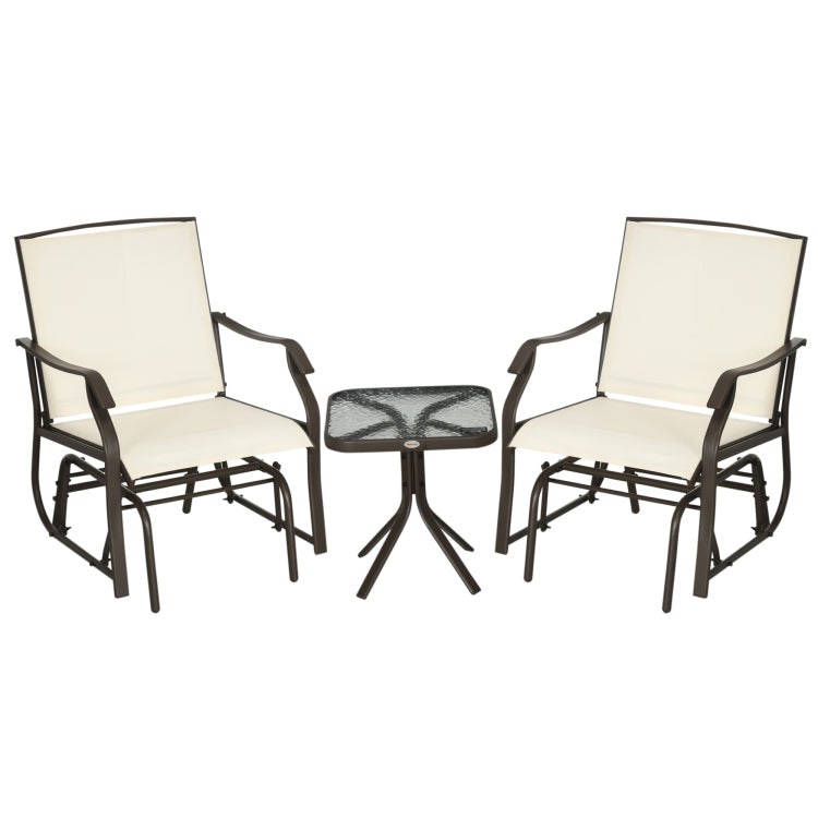 Outsunny 3 Piece Outdoor Glider Chair With Coffee Table Bistro Set, 2 Patio Rocking Swing Chairs With Sling Fabric, Glass Tabletop, For Backyard, Garden And Porch, Cream White
