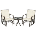 Outsunny 3 Piece Outdoor Glider Chair With Coffee Table Bistro Set, 2 Patio Rocking Swing Chairs With Sling Fabric, Glass Tabletop, For Backyard, Garden And Porch, Cream White