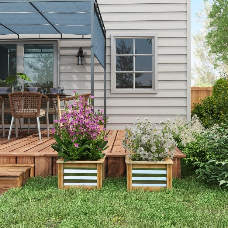 Outsunny Raised Garden Bed Set Of 2, Outdoor Planter Box, Galvanized Metal Reinforced With Wood, Stock Tanks For Growing Flowers, Herbs And Vegetables