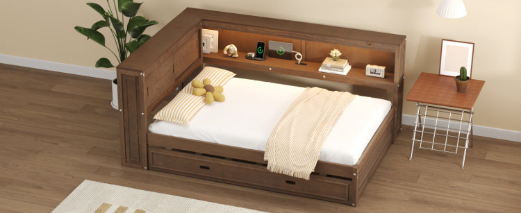 Full Size Wood Daybed With Storage Shelves, Usb, Led, And Trundle, Antique Wood Color
