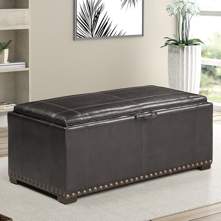 Leather Storage Bench With 2 Side Ottomans, Black