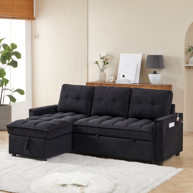 78.75" Reclining Sofa, Pull Out Sofa Bed With Usb And Tape C Charging Ports, L Shaped Sectional Sofa With Reclining Storage And Arm Side Organizer Pocket Features, Living Room Comfort Sofa