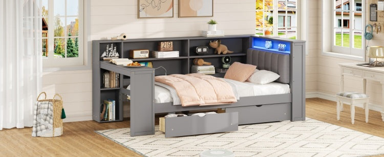 Wood Twin Size Platform Bed With Storage Shelves, Drawers, Charging Station, Led, Desk And Upholstered Headboard, Grey Grey Cushion