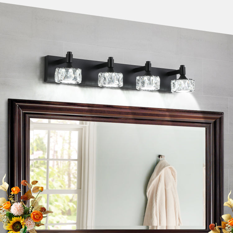 Modern 4 Light Matte Black Led Vanity Light Fixture With Crystal Glass Shades, Bathroom Wall Sconce For Elegant And Contemporary Home Decor