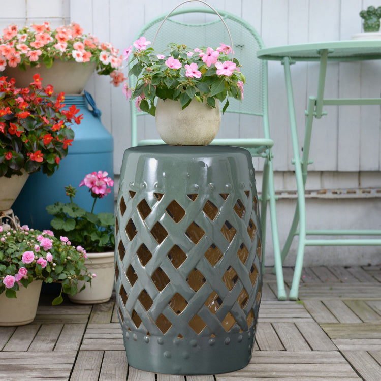 Outsunny 13" X 18" Ceramic Garden Stool With Woven Lattice Design & Glazed Strong Materials Decorative End Table, Green