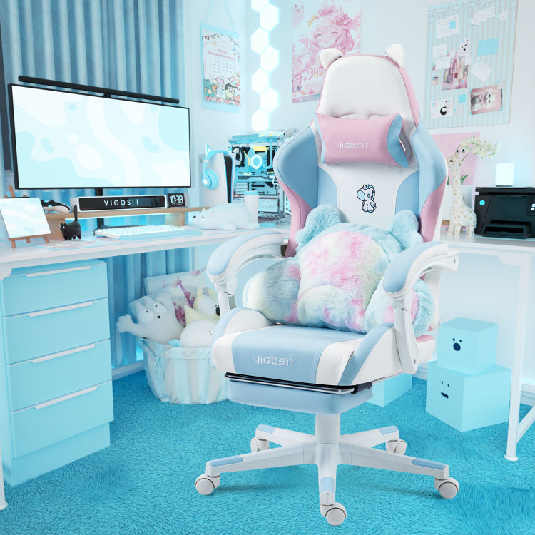 Cute Cat Gaming Chair With Paw Lumbar Cushion, Pc Video Gamer Chair For Girl Teen Woman Bp