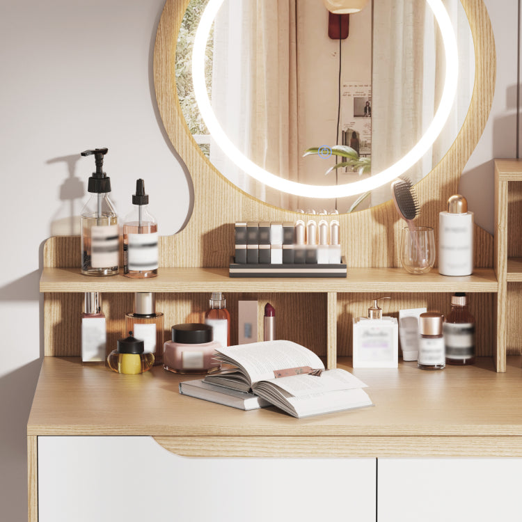 Makeup Vanity Desk With 3 Adjustable Lighted Mirror With Solid Wood Table Feet , Dressing Table Set With 4 Drawers And 3 Open Shelves For Small Space Bedroom