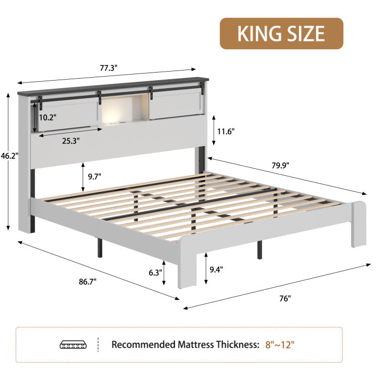 King Size Bed, Metal Bed Frame With Charging Station, No Need For Box Spring, White , No Noise, Easy To Assemble