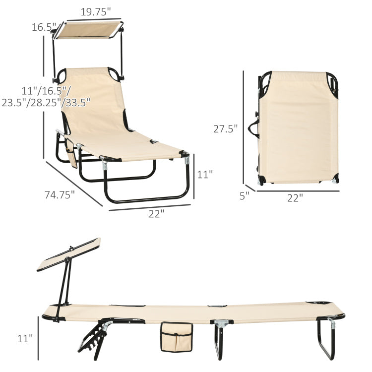 Outsunny Folding Chaise Lounge Pool Chairs, Outdoor Sun Tanning Chairs With Canopy Shade, Reclining Back, Steel Frame And Side Pocket For Beach, Yard, Patio, Tan