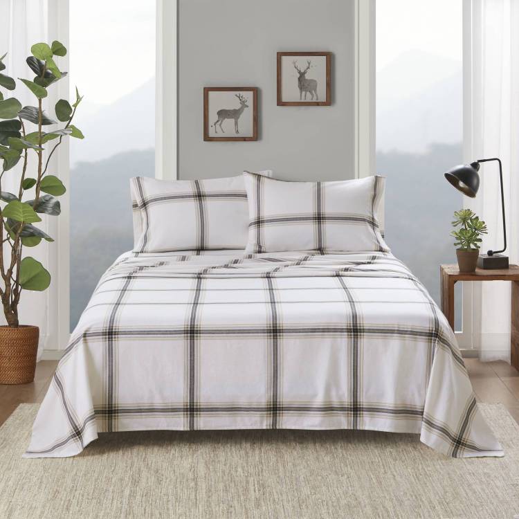 4 Piece King Sheet Set,Tan Plaid