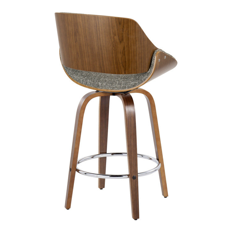 26" Mid Century Modern Fixed Height Counter Stool With Swivel In Walnut Wood And Noise Grey Fabric With Round Chrome Metal Footrest Set Of 2