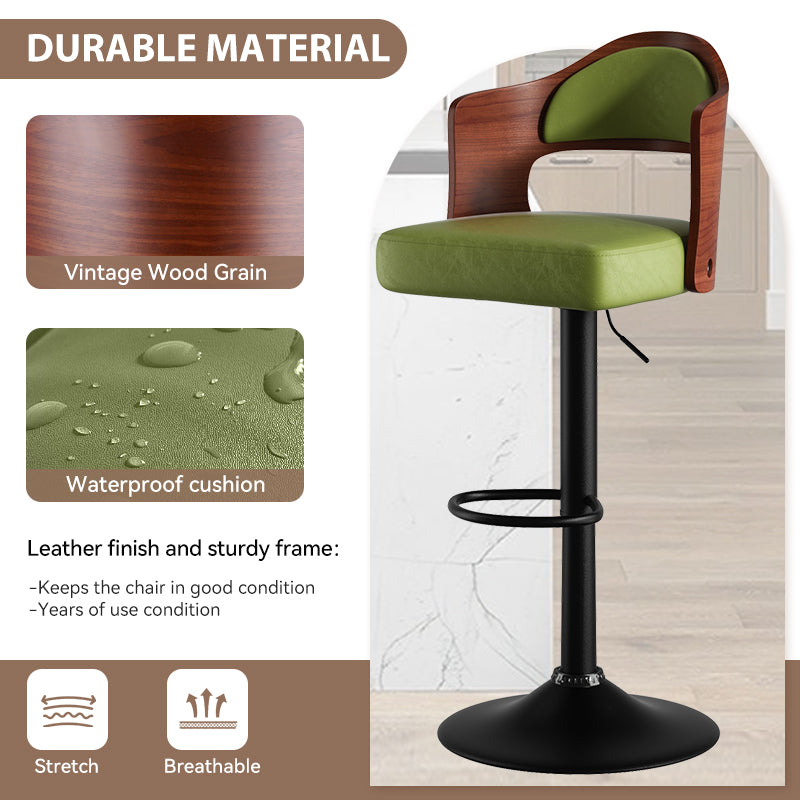 Swivel Bar Stools Set Of 2 Seat Adjustable Height 24.5 33.5In, Wooden Barstools Pu Leather Upholstered Bar Chairs With Back & Footrest For Bar Kitchen Dining Room Green