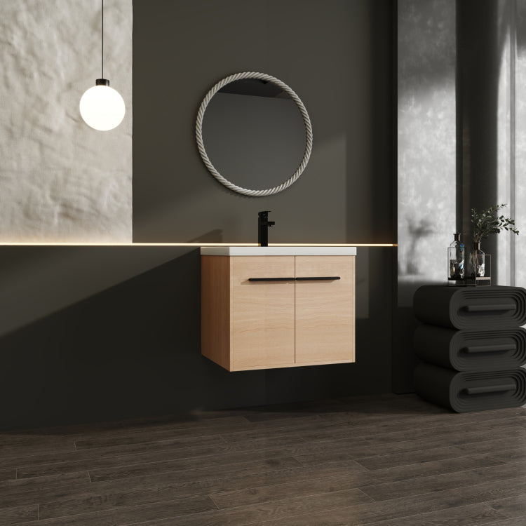 Oak 24 Inch Bathroom Vanity With Resin Countertop Sink, 2 Doors Bathroom Cabinet Set