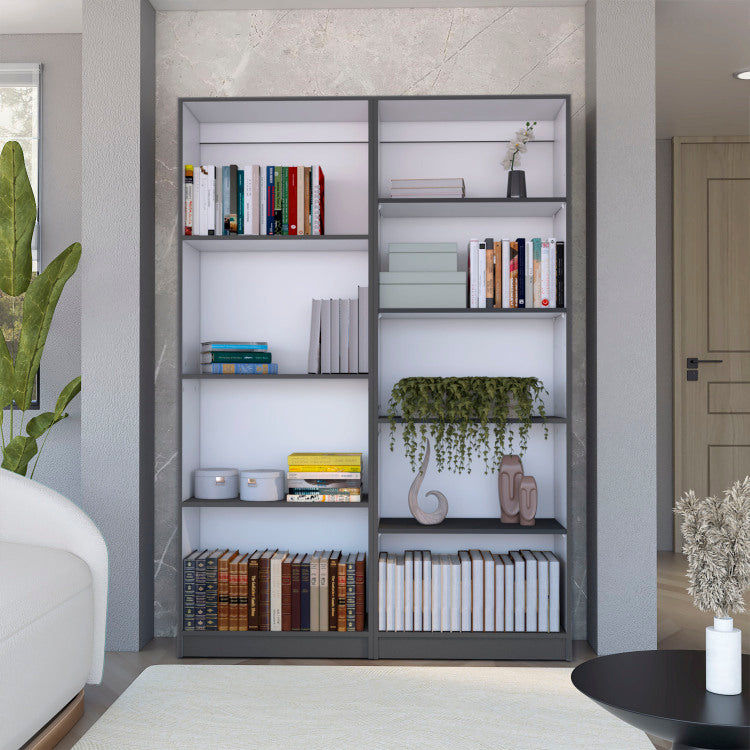 2 Piece Bookcase Living Room Set, Storage Cabinet, 49" Wide And 9 Shelves Matt Gray White