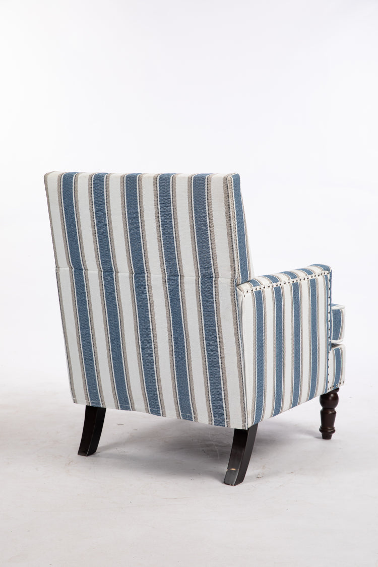 Upholstered Accent Chair, Vintage Armchair With Blue And White Striped Linen Fabric And Nailhead Trim For Living Room