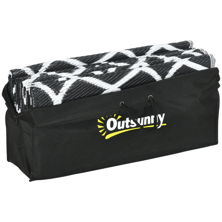 Outsunny Reversible Outdoor Rug, 9' X 12' Waterproof Plastic Straw Floor Mat, Portable Rv Camping Carpet With Carry Bag, Large Floor Mat For Backyard, Deck, Picnic, Beach, Black & White Clover