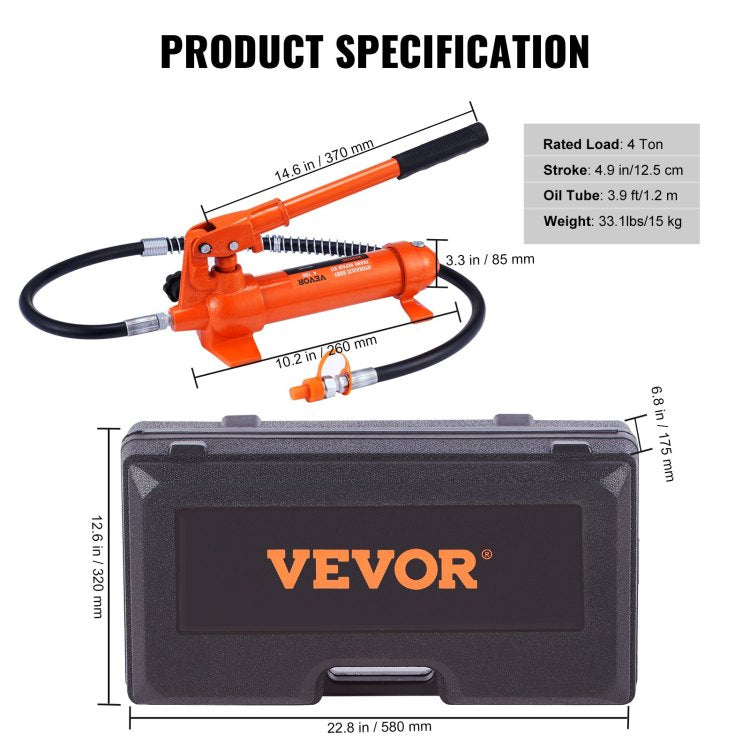 4 Ton 8800 Lbs Porta Power, Portable Hydraulic Ram With 3.9 Ft 1.2 M Oil Hose, Auto Body Frame Repair Kit With Storage Case For Car Repair, Truck, Farm