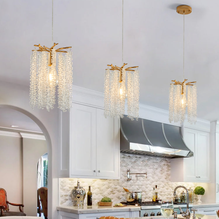 Luxury 3 Pack Crystal Pendant Lights, Elegant Golden Finish Chandelier With Waterfall Bead Design No Bulbs