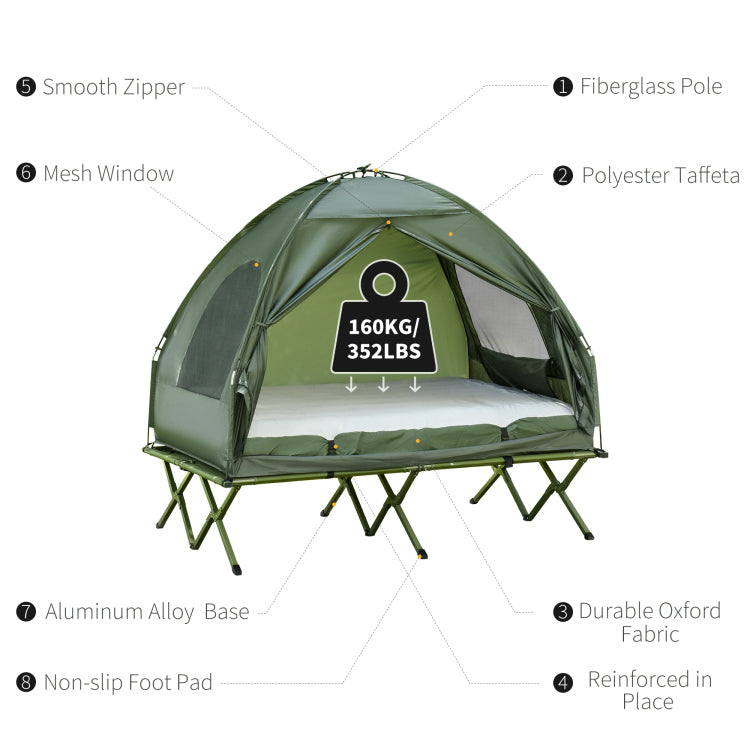 Outsunny 2 Person Foldable Camping Cot With Tent, Bedspread And Thick Air Mattress, 4 In 1 Elevated Camping Bed Tent For Outdoor Hiking, Picnic, Travel