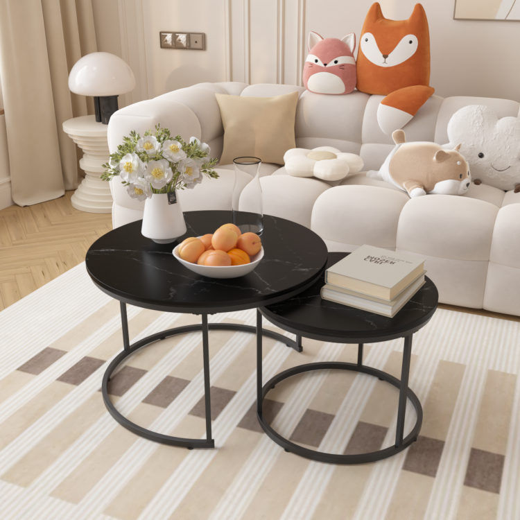 Nesting Coffee Table Set Of 2, 27.6Inch Round Coffee Table Wood Marble Pattern Top With Sturdy Metal Frame, End Table Side Tables For Living Room Bedroom Balcony Yard Black