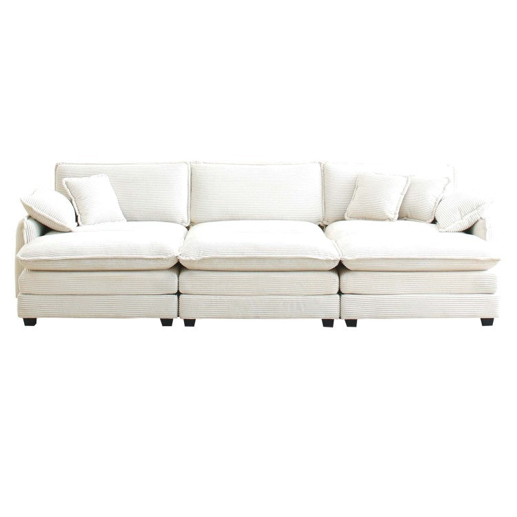 Mid Century Modern 3 Seater Sectional Sofa With 2 Arm Pillows And 3 Throw Pillows, Beige Corduroy Fabric