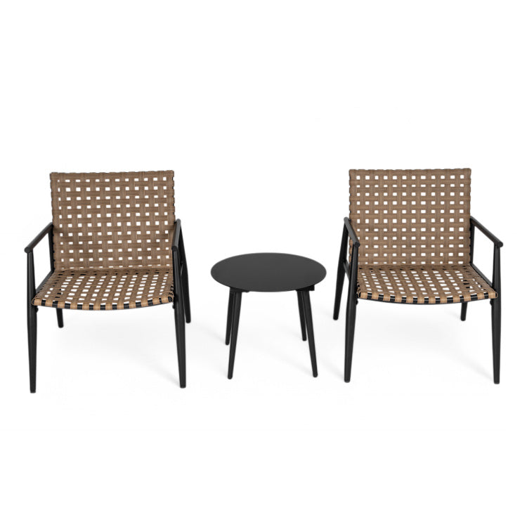 Modern Outdoor Chat Set: 2 Pe Rattan Chairs Black Steel & Tempered Glass Side Table Durable & Stylish