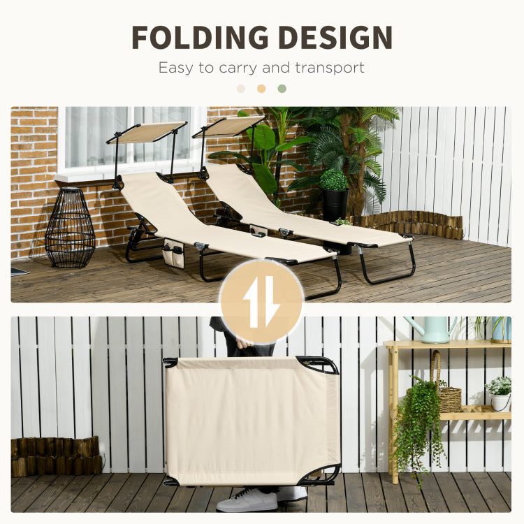 Outsunny Folding Chaise Lounge Pool Chairs, Outdoor Sun Tanning Chairs With Canopy Shade, Reclining Back, Steel Frame And Side Pocket For Beach, Yard, Patio, Tan