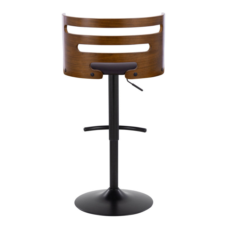 Mid Century Modern Adjustable Barstool With Swivel In Black Metal, Walnut Wood And Brown Faux Leather With Rounded T Footrest Set Of 2