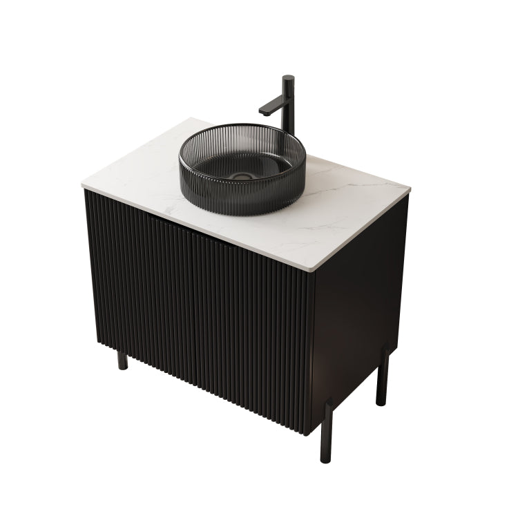 30" Turio Freestanding Carrara White Sintered Stone Countertop And Black Plywood Cabinet With Two Doors, No Basin, No Faucet And Sink Cover