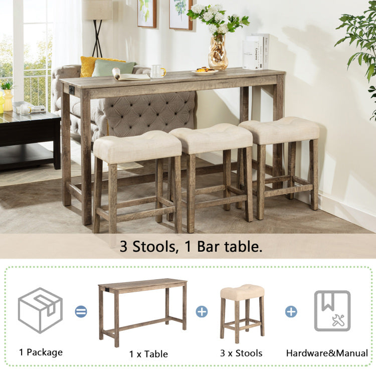 4 Piece Bar Table Set With Power Outlet, Dining Bar Table And Chairs Set,Bar Table Set With 3 Padded Stools For Living Room, Dining Room, Game Room, Brown