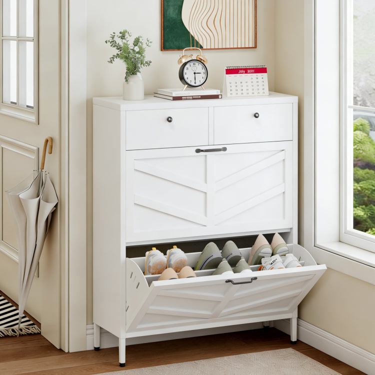 Shoe Cabinet With 2 Flip Drawers And 2 Drawers, Slim Metal Entryway Storage Cabinet, Freestanding 31.5"W X 40.75"H White Organizer With Anti Tip Device