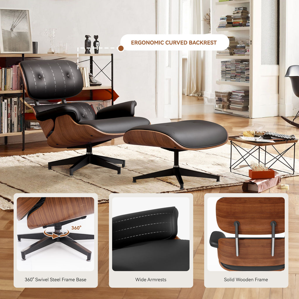 Genuine Leather Recliner Chair With Ottomanchairs, For Living Room, With Heavy Duty Base Leather, Black