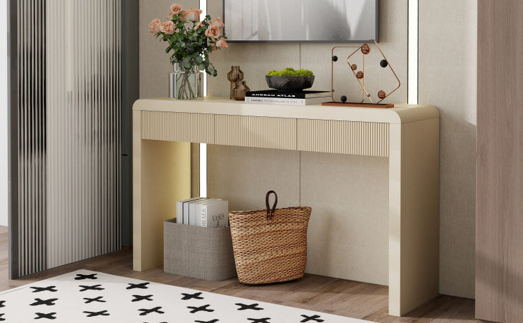 Rustic Console Table With 3 Fluted Drawers Solid Wood Veneer Entryway Table Featuring Natural Wood Grain For Living Room, Hallway Apricot