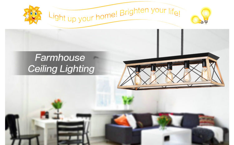 32" Oak Industrial 5 Light Pendant Chandelier, Modern Metal Cage Design, Adjustable Hanging Light For Dining Room, Kitchen, Living Room No Bulbs
