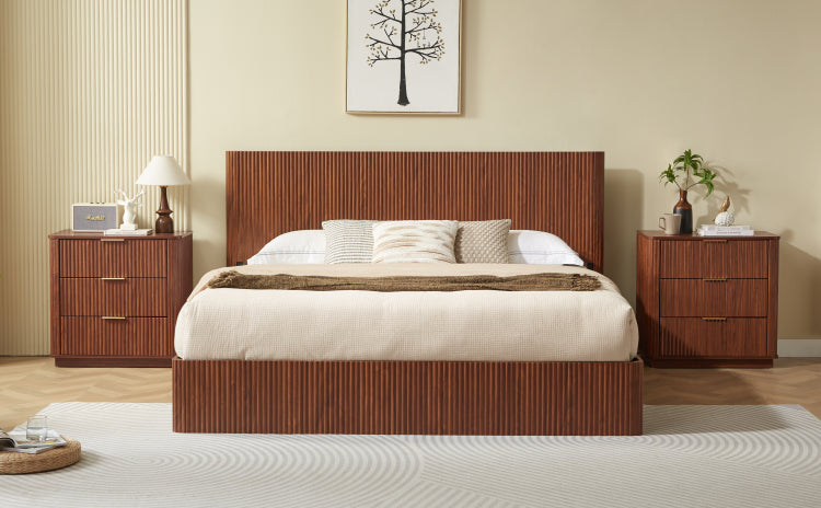 King Size Lift Up Storage Bed Frame, Wooden Corrugated Curved Lines, Hydraulic Storage No Box Spring Needed, Walnut