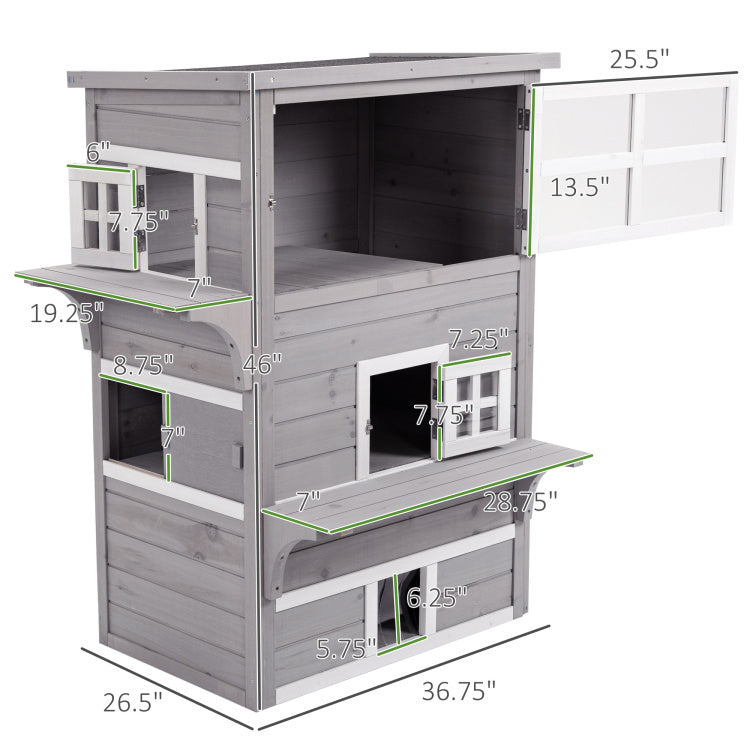 Pawhut 3 Story Cat House Feral Cat Shelter, Outdoor Kitten Condo With Raised Floor, Asphalt Roof, Escape Doors, Jumping Platforms, Grey