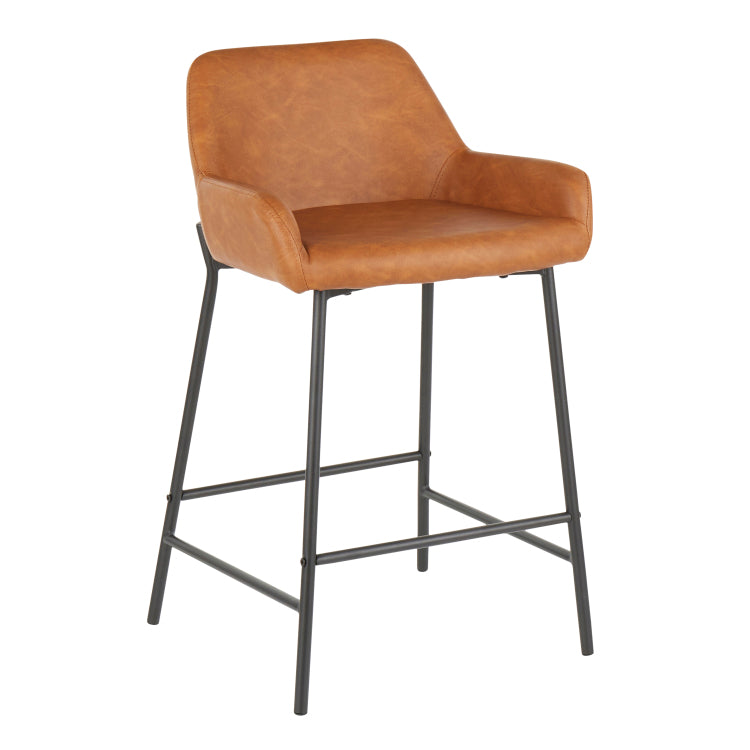 Counter Stool In Black Metal And Camel Faux Leather Set Of 2