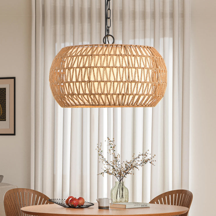 18" Farmhouse Pendant Light With Adjustable Height, Boho Woven Jute Rope Hanging Ceiling Light Fixture, E26 Base, 60W Max, Compatible With Flat, Vaulted, And Sloped Ceil Bulb Not Included