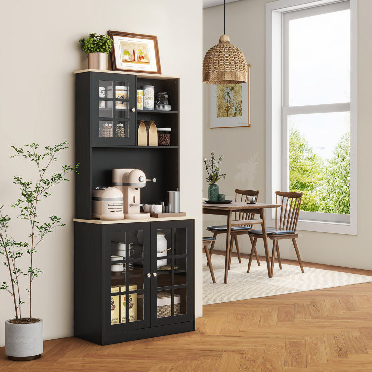 Homcom Kitchen Pantry Cabinet, 72" Freestanding Storage Cabinet With Hutch, Large Countertop, Glass Doors And Adjustable Shelves, Microwave Cabinet, Coffee Bar Cabinet For Dining Room, Black