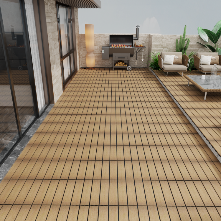 Patio Floor Tiles Pack Of 11 Wpc Wood Plastic Composite Patio Deck Tiles Diy Interlocking Decking Tiles, Quick Deck Floor Tile, Court Tile, Water Resistant Indoor Outdoor 11.8" Oak