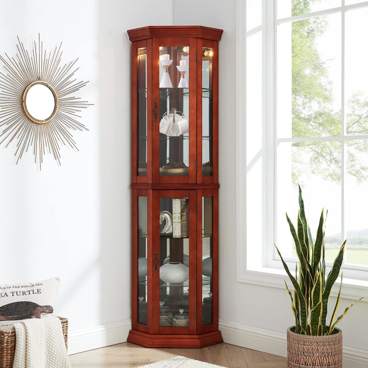Corner Curio Cabinet With Lights, Adjustable Tempered Glass Shelves, Mirrored Back, Display Cabinet,Light Walnut E26 Light Bulb Not Included