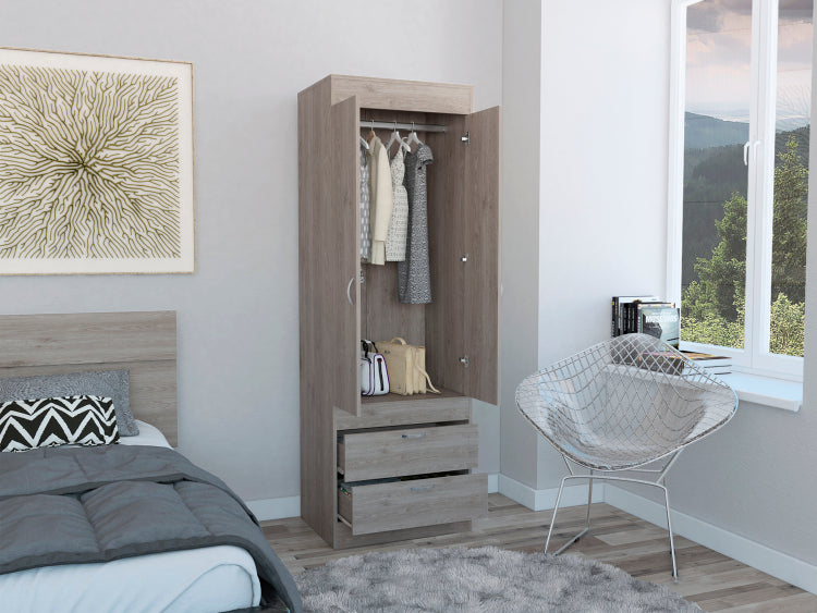Lisboa Armoire, Rod, Double Door, Two Drawers, Metal Handles Light Gray
