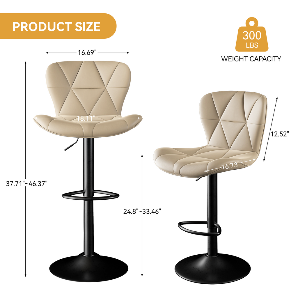 Bar Stools Set Of 2,Adjustable Swivel Barstools, Faux Leather Bar Chairs,Upholstered Counter Height With High Backrest For Kitchen Island,Khaki