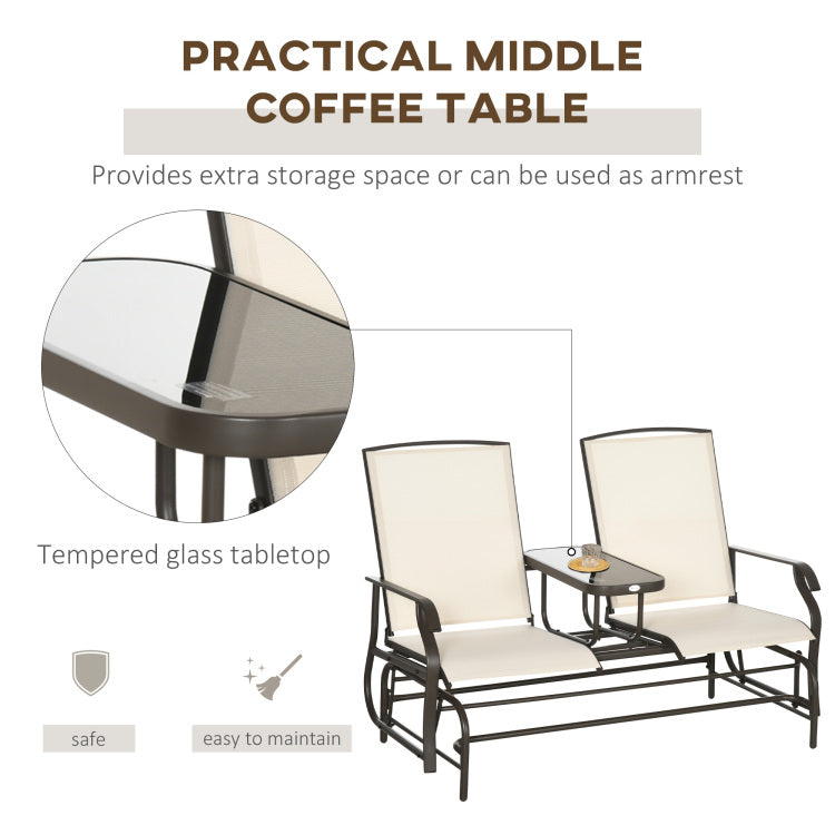 Outsunny Outdoor Glider Bench With Center Table, Metal Frame Patio Loveseat With Mesh Fabric And Armrests For Backyard Garden Porch, Beige