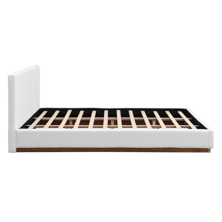 Elegant White Fabric Upholstered Bed With Nice Wood Grain Textured Brown Solid Wood Base Frame,White,King