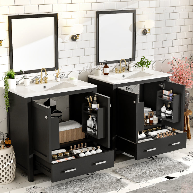 60" Black Bathroom Vanity Set With Double Vanities Separate , Double Ceramic Sinks, Storage Shelf, And Divided Drawers Mirror Not Included Modern Bathroom Solution For Spacious Bathrooms