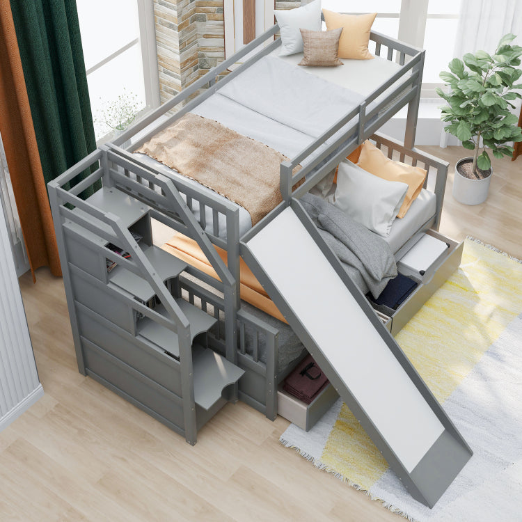 Twin Over Full Bunk Bed With Drawers,Storage And Slide, Multifunction, Gray