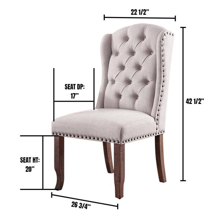 Contemporary Ivory Beige Fabric 2Pcs Side Chairs Tufted Wingback Design Rustic Oak Solidwood Back Dining Chairs Furniture