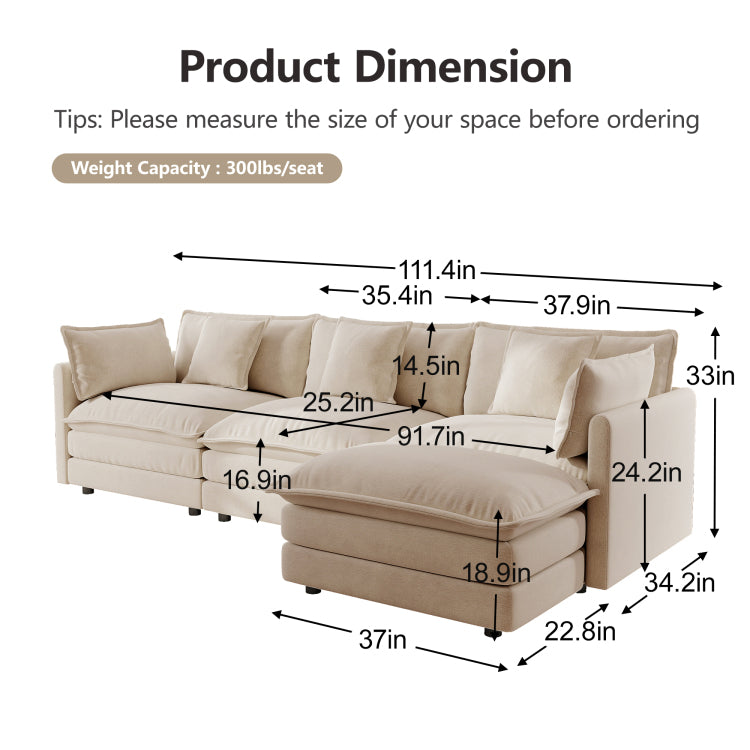 Free Combination Comfy Upholstery Modular Oversized L Shaped Sectional Sofa With Reversible Ottoman, Light Coffee Chenille